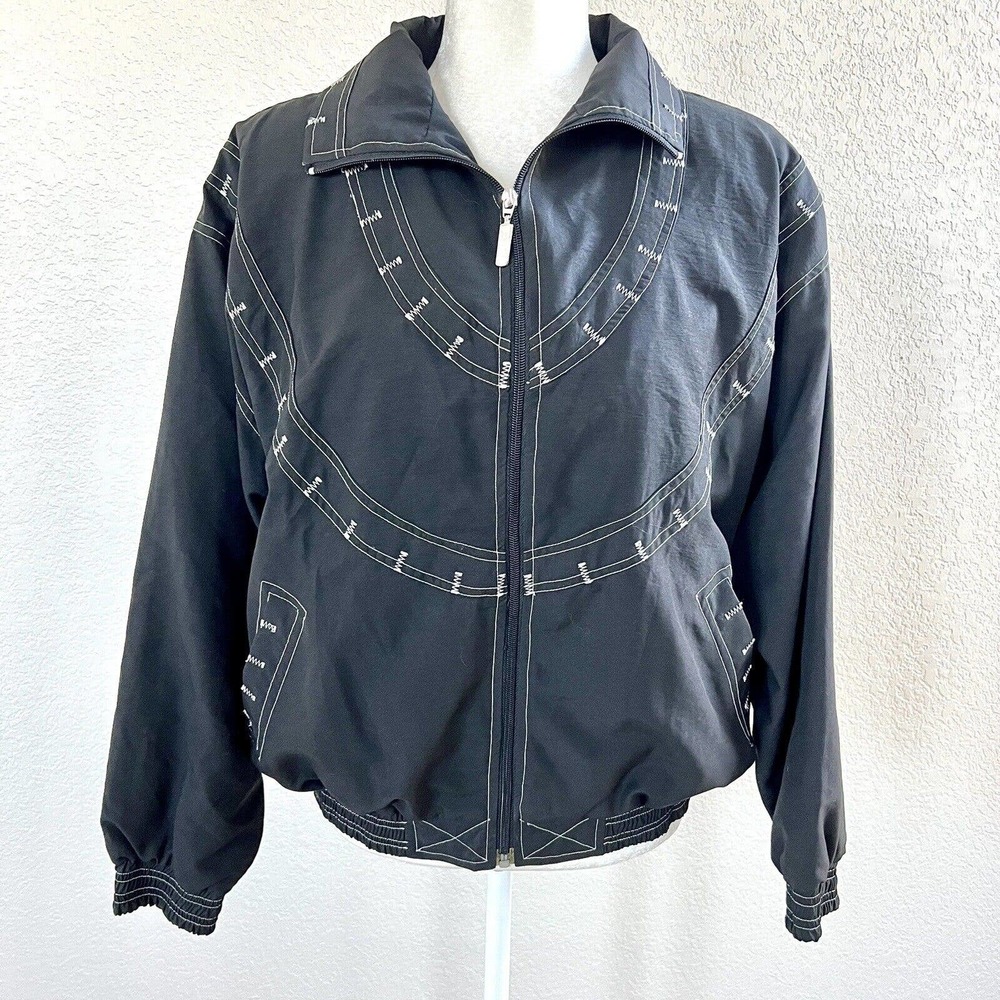 Janeve Windbreaker Jacket 80's 90's Black White Petite Large Retro Sport Vintage